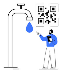 man pointing at water tap with droplet and qr code vector image