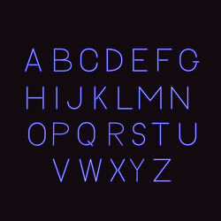 Neon blue alphabet on dark background sans serif vector