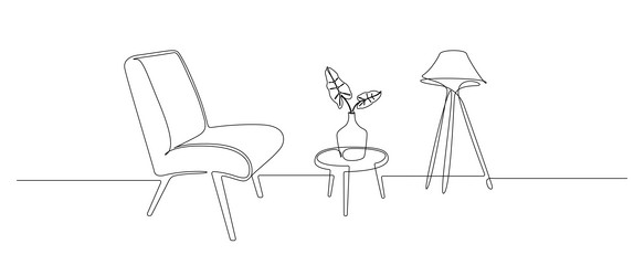 continuous one line drawing of armchair and table vector