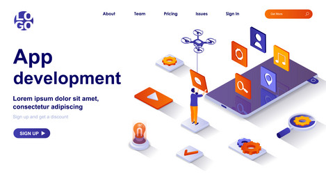 App development isometric landing page developer vector