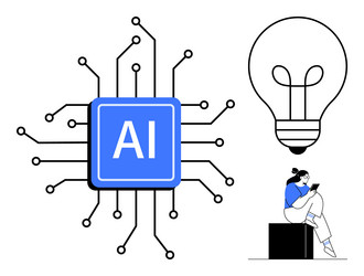 ai chip circuit with light bulb and person reading vector image