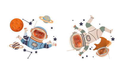 Boys in spacesuits flying outer space set cute vector