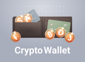 Crypto wallet with golden coins cryptocurrency vector