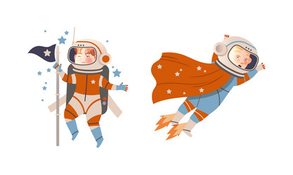 boys in spacesuits flying with jetpack outer vector image