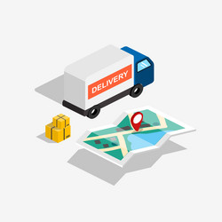 flat 3d isometric delivery car with route map vector image