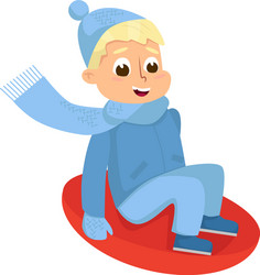 playful boy in warm hat and knitted mittens vector