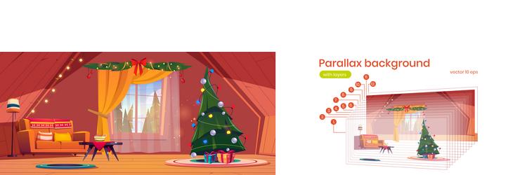 parallax background attic with christmas tree vector