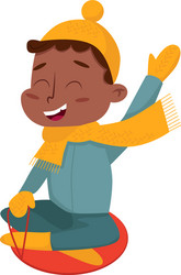 playful boy in warm hat and knitted mittens vector