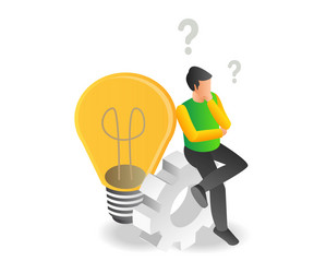 confused man sitting at idea lamp vector