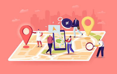 tiny characters at huge location map people use vector