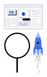 magnifying glass examining web data as rocket vector image