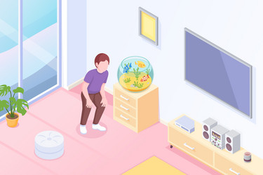 pets aquarium fish owner at home isometric vector