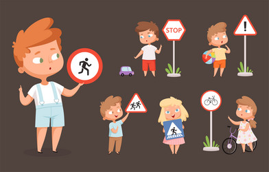 kids rules road school people with traffic signs vector