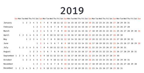 2019 linear calendar in simple style vector