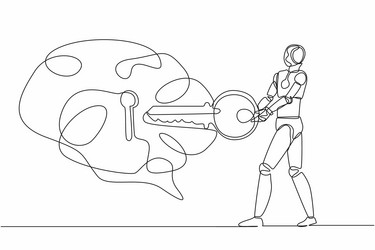 single continuous line drawing robot putting key vector image