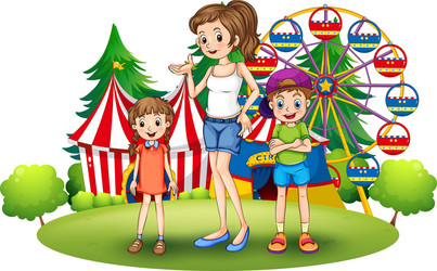 a family at the amusement park with ferris wheel vector