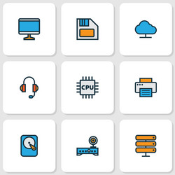 computer icons colored line set with cpu printer vector image