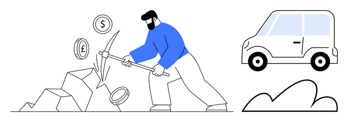 man mining with pickaxe to uncover currency vector image