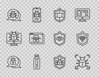 set line cyber security system bug shield vector image