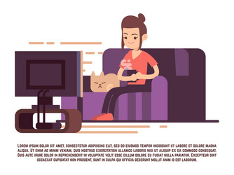 Single girl with cat and cup of tea watch tv vector