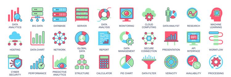 data analytics icon set in flat color icons web vector image