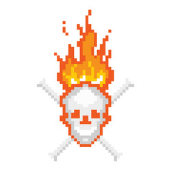 Skull burning with bones pixel icon smiling vector