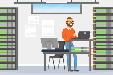 Sysadmin Working with Server Rack vector