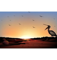 A sunset at the desert with a flock of birds vector image