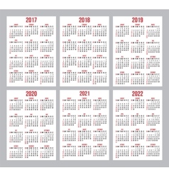 Set of calendar grid for years 2017-2022 Set of calendar grid for years 2017-2022 vector image
