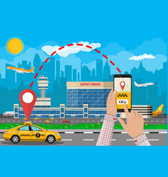 Cityscape and airport with cab phone taxi app vector image