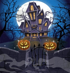 Happy Halloween cozy haunted house behind a wall vector image
