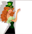Pretty slim red-haired girl Leprechaun hold banner vector image