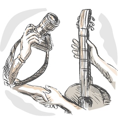 Barter swapping hands with camera and guitar vector image
