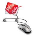 Computer mouse and a shopping cart with cube in it vector image