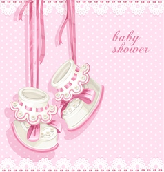Baby shower card with pink booties and lace vector image