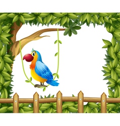 A parrot hanging in a vine plant near the wooden vector image