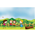 Kids playing jumping rope at the bridge vector image