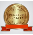 Round golden badge label with red ribbon and text Round golden badge label with red ribbon and text vector image