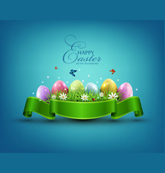 Easter eggs with grass and flowers in green vector image