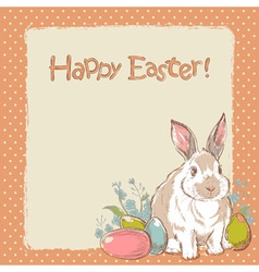Easter bunny retro card with hand drawn flowers vector image