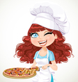 Cute curly hair girl chef offers a taste of pizza vector image