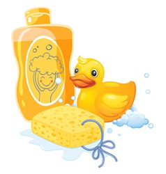 A bubble bath with a sponge and a toy duck vector image