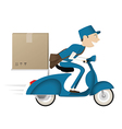 Funny postman delivering package on blue scooter vector image