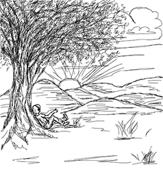 Hand drawn of landscape with man resting under the vector image