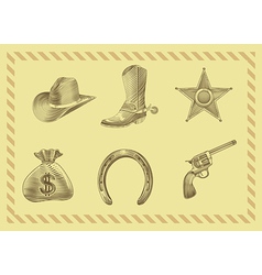 Cowboy icon set in engraving style vector image