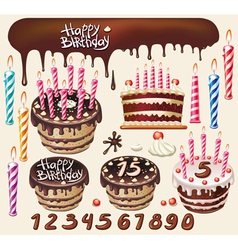 Set with chocolate cakes and birthday decoration vector image