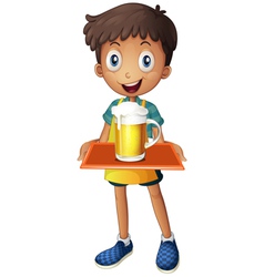 A young boy holding a tray with a mug of beer vector image