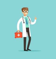Smiling male doctor character standing and holding vector image