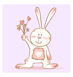 Card with smiling toy bunny holding flowers vector image