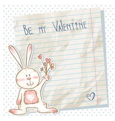 Card with smiling toy bunny holding flowers vector image
